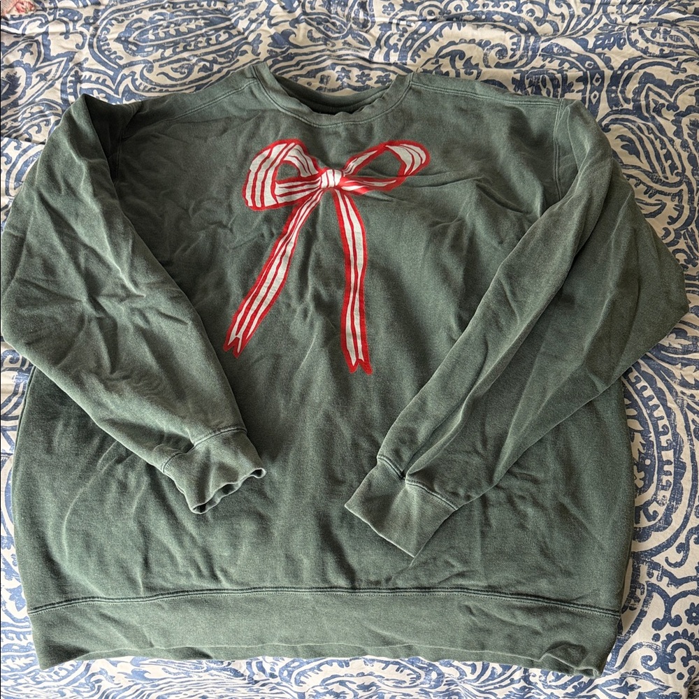 Comfort Colors Olive Green Crewneck Sweater with Red Bow Graphic